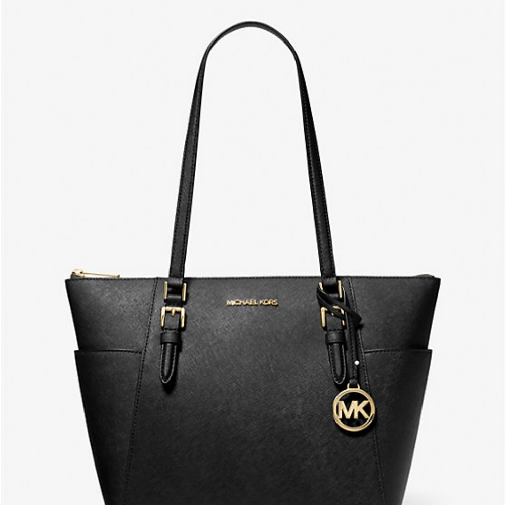 Michael Kors Gilly Large Jet Set Drawstring Top Zip Tote Black Saffiano Leather
